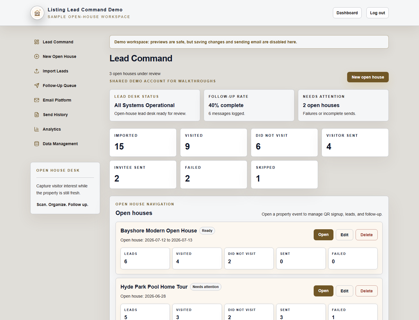 Dashboard page with campaign list and follow-up actions