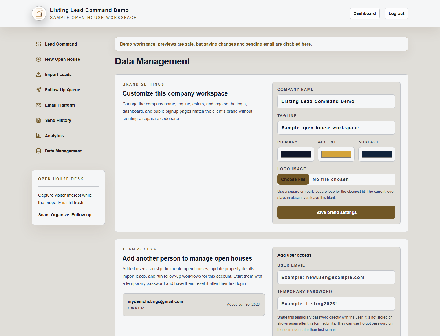Data management page with branding, users, and cleanup tools
