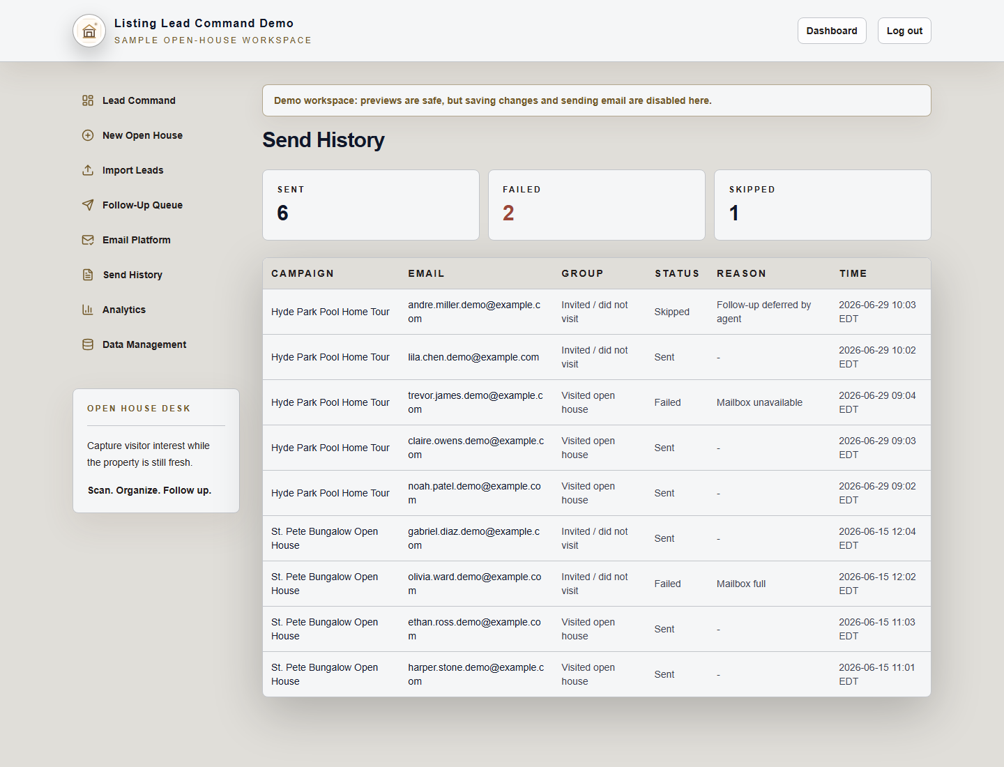 History and analytics area showing sends, failures, and totals