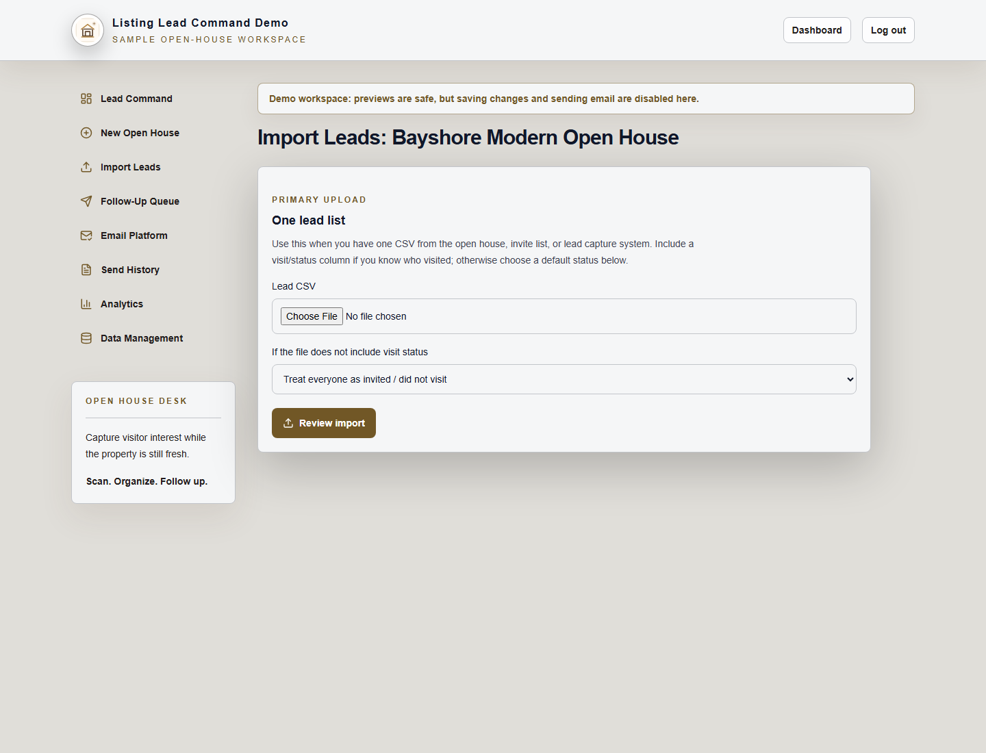 Import page showing lead upload review area
