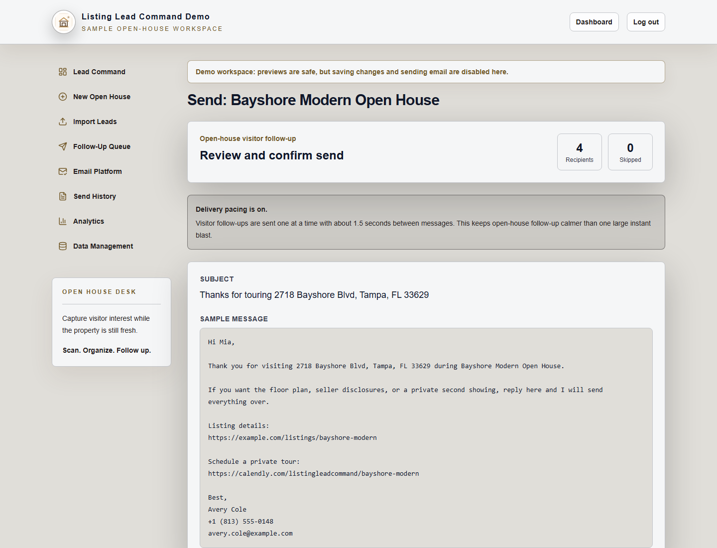 Message review screen with subject and preview text