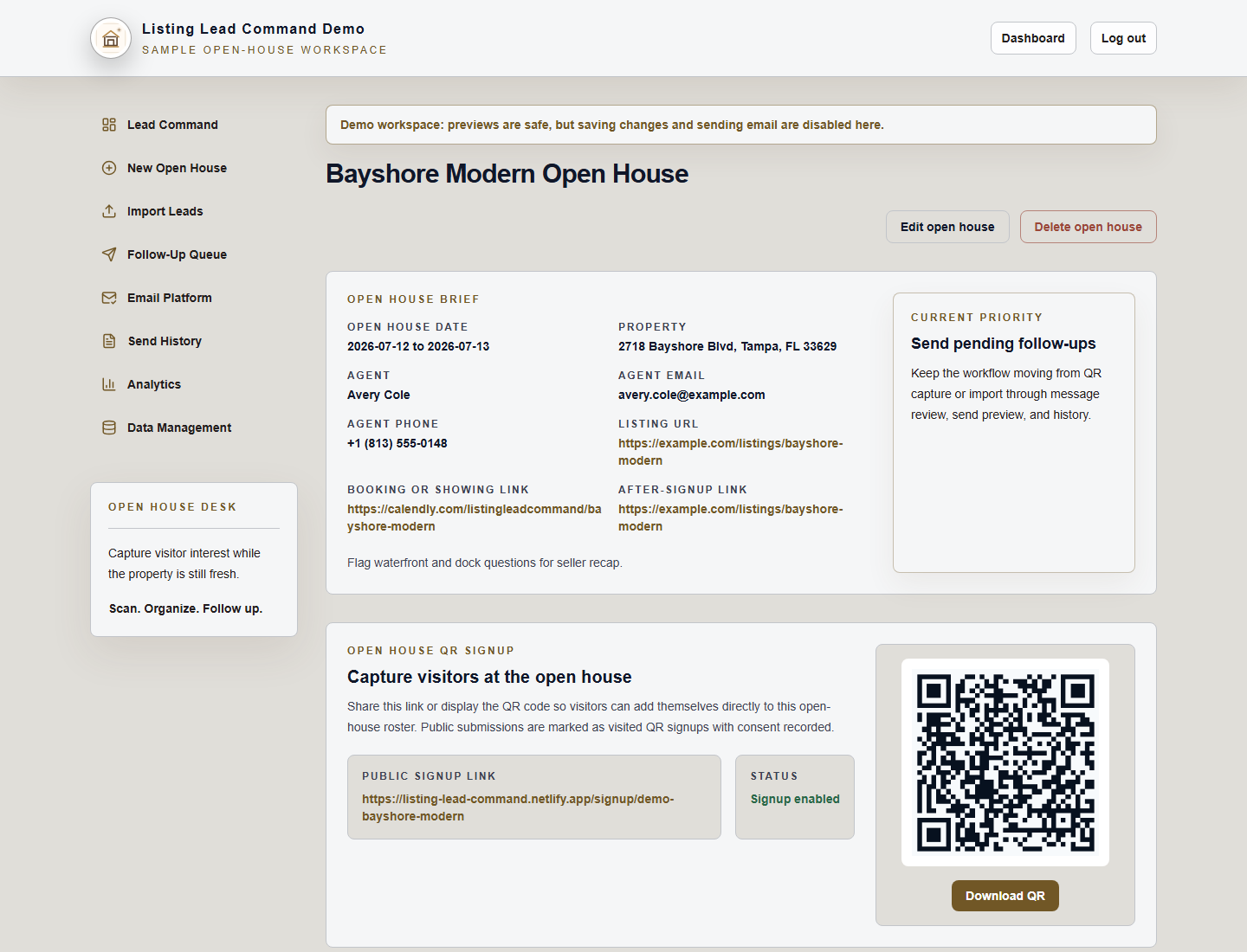 Campaign detail page showing QR signup and lead roster